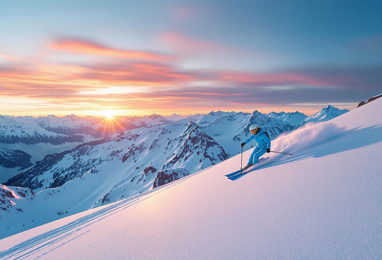 A panoramic photograph of a skier making fresh tracks on a pristine, snow-covered mountain as the sun sets, casting a golden glow across the landscape.