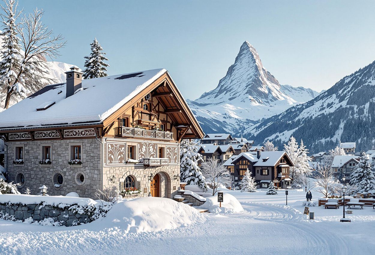 A stunning photograph of St. Moritz, Switzerland, showcasing the blend of traditional Engadin architecture and modern design in a snow-covered winter landscape. The Matterhorn is visible in the distance.