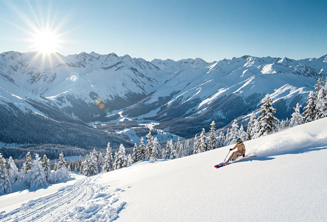 A scenic photograph capturing a peaceful day of skiing on Buttermilk Mountain in Aspen, Colorado. A lone skier gracefully descends the gentle slopes with the majestic Elk Mountains providing a stunning backdrop.