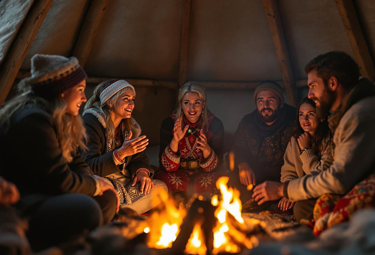 A photograph captures a warm and inviting scene inside a traditional Sami lavvu in Finnish Lapland, where people are gathered around a fire, listening to a storyteller.