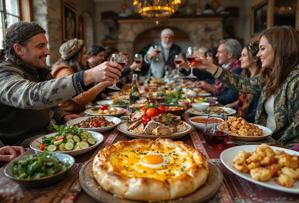 A captivating photograph capturing a traditional Georgian Supra feast in Gudauri, showcasing the rich cultural heritage and warm hospitality of Georgia.