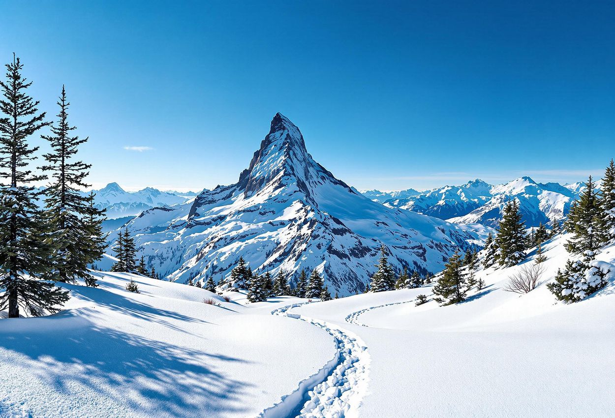 A stunning panoramic photograph captures the majestic Matterhorn from a snow-covered hiking trail in Zermatt, Switzerland. The iconic peak dominates the clear blue sky, with a winding trail leading through the pristine alpine scenery.