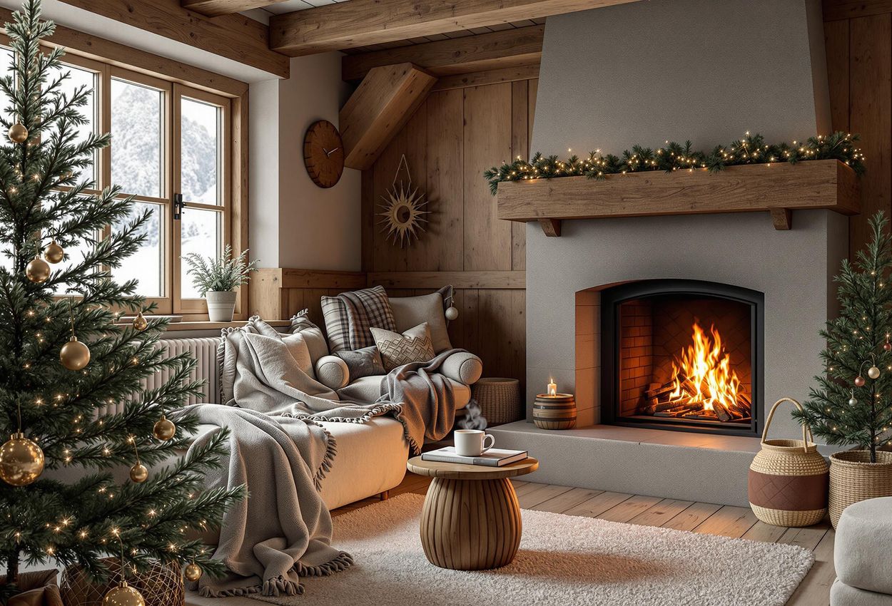 A warm and inviting photograph capturing the interior of a family-run guesthouse in Lech, Austria, featuring traditional decor and a crackling fireplace.