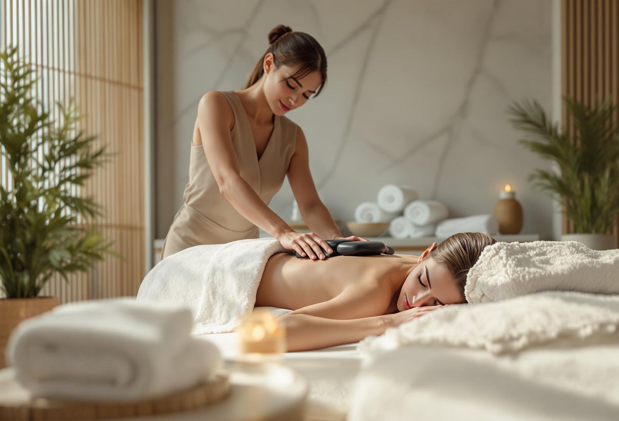A serene photograph capturing a relaxing hot stone massage in a minimalist spa in Courchevel, France. The image highlights the calming atmosphere and luxurious experience.