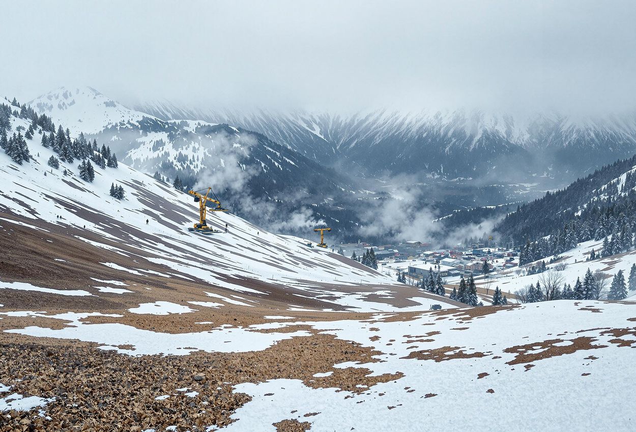 Struggling Ski Resort Faces Climate Change Challenges A panoramic photograph of a ski resort in late December, showing the impact of climate change with patches of bare ground and snowmaking machines working overtime.