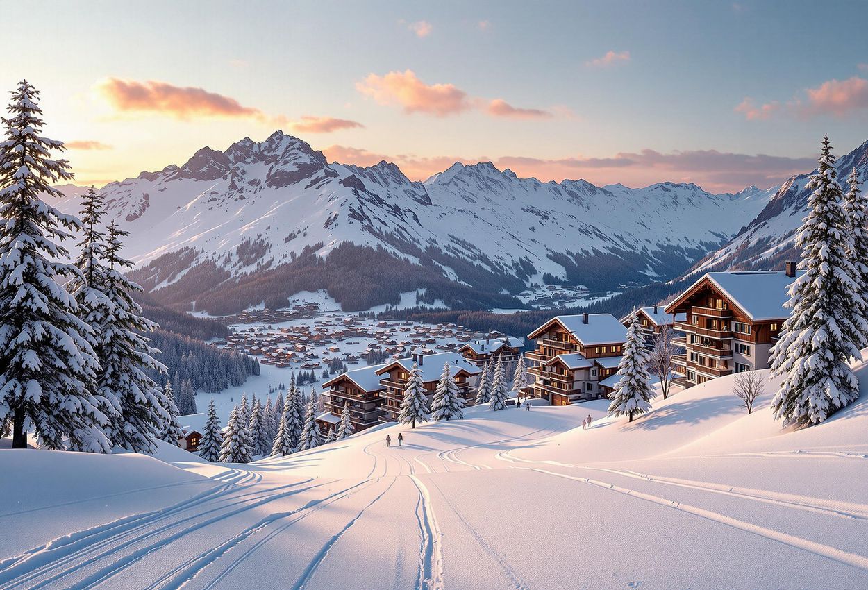 A landscape photograph of Courchevel 1850 in the French Alps during winter. The image captures the essence of luxury skiing, with groomed slopes, opulent chalets, and majestic mountains under soft, warm light.