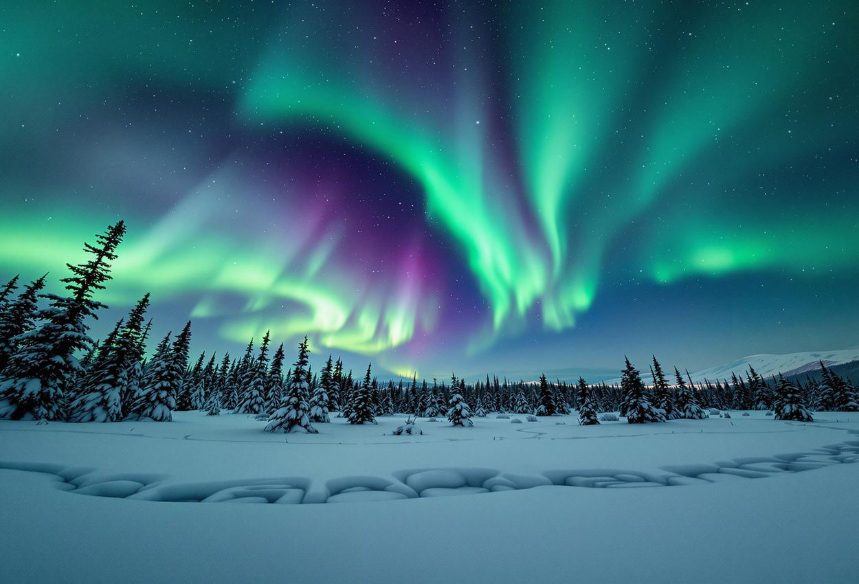 Aurora Borealis Display over Snowy Wilderness, Remote Location A stunning photograph captures the vibrant Aurora Borealis dancing above a pristine, snow-covered wilderness. The image showcases the ethereal beauty and tranquility of the arctic night.