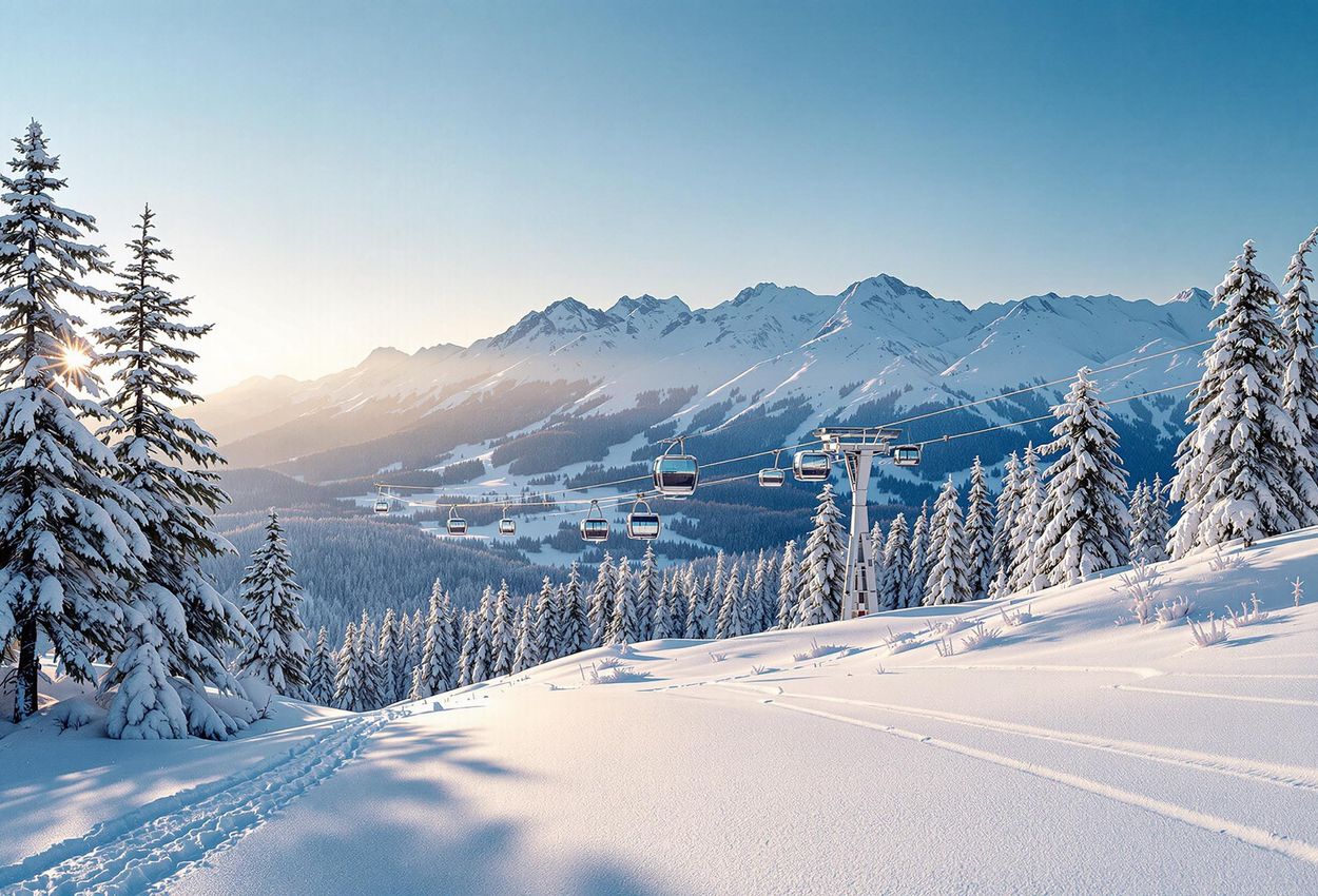 Serene Electric Ski Lift in Laax, Switzerland - Winter Landscape A scenic photograph of a modern electric ski lift gliding through a snow-covered landscape in Laax, Switzerland, showcasing the resort