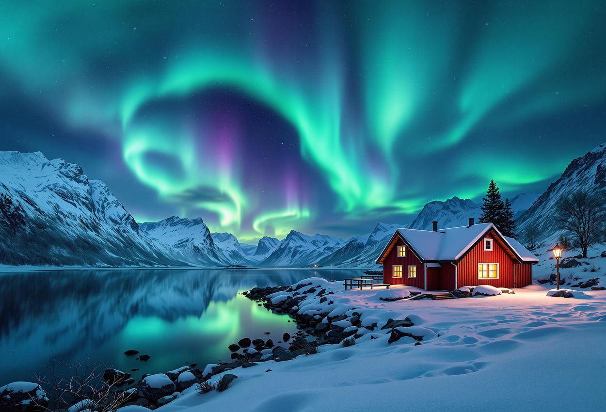 Northern Lights over Norwegian Fjord: A Winter A stunning photograph of the Northern Lights dancing above a serene, snow-covered fjord in Norway, featuring a traditional red cabin reflecting in the still water.