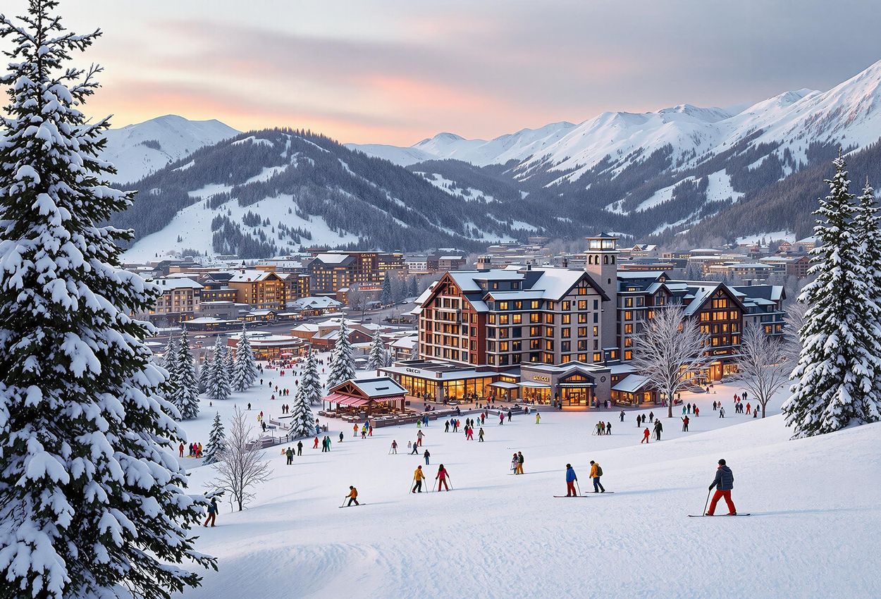A scenic photograph capturing the vibrant ski scene at Aspen Snowmass, Colorado, featuring skiers on the slopes, the luxurious Little Nell hotel, and high-end shops in the background.