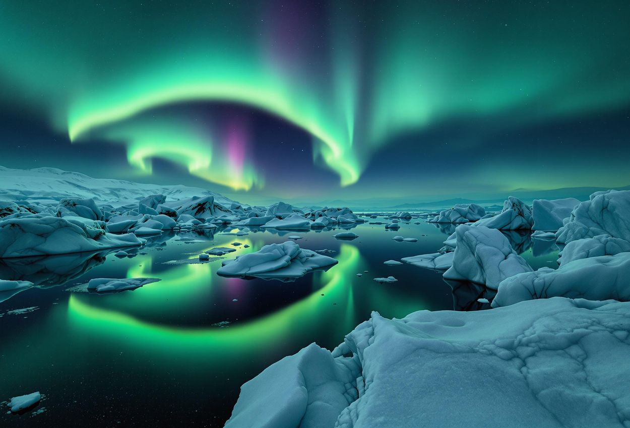 Aurora Borealis Reflection in Icelandic Glacial Lagoon A stunning photograph captures the Aurora Borealis mirroring perfectly in an Icelandic glacial lagoon, with jagged icebergs adding depth to the Arctic landscape.