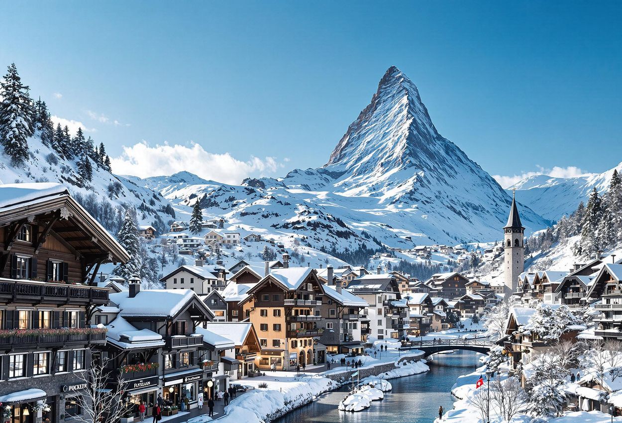 A stunning landscape photograph captures the iconic Matterhorn towering over the charming, car-free village of Zermatt, Switzerland, on a crisp winter day.