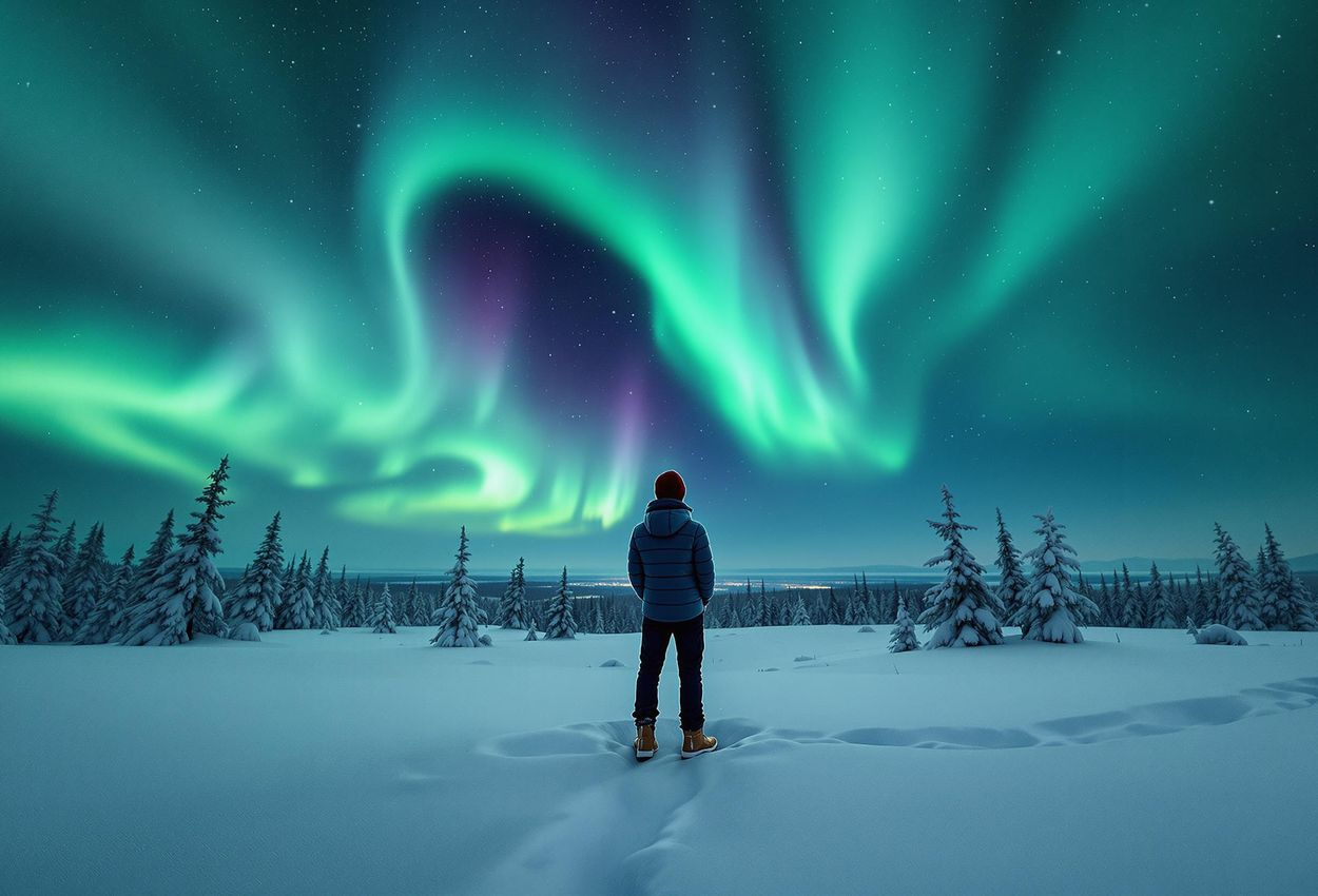 Aurora Borealis Over Lapland A stunning photograph captures a silhouetted figure gazing at the vibrant Aurora Borealis dancing over a snow-covered landscape in Finnish Lapland.