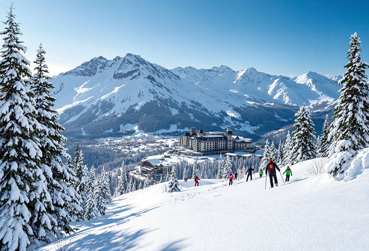 A stunning photograph capturing skiers and snowboarders enjoying a mid-morning on Whistler Blackcomb, with the iconic Fairmont Chateau Whistler in the background.