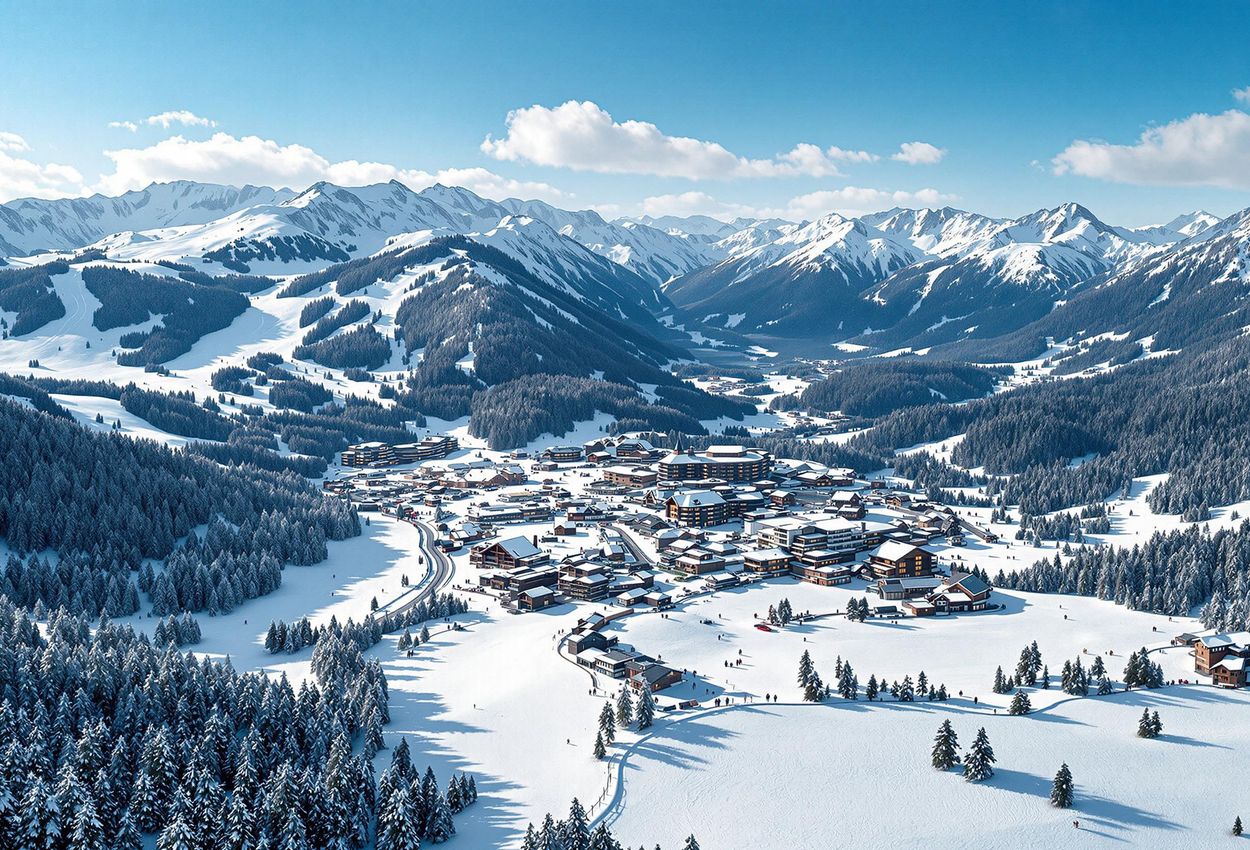 Sustainable Ski Resort in the Alps: A Pristine Aerial View An aerial photograph of a ski resort in the Alps showcasing sustainable piste management with groomed runs, natural forests, and snow-covered peaks.