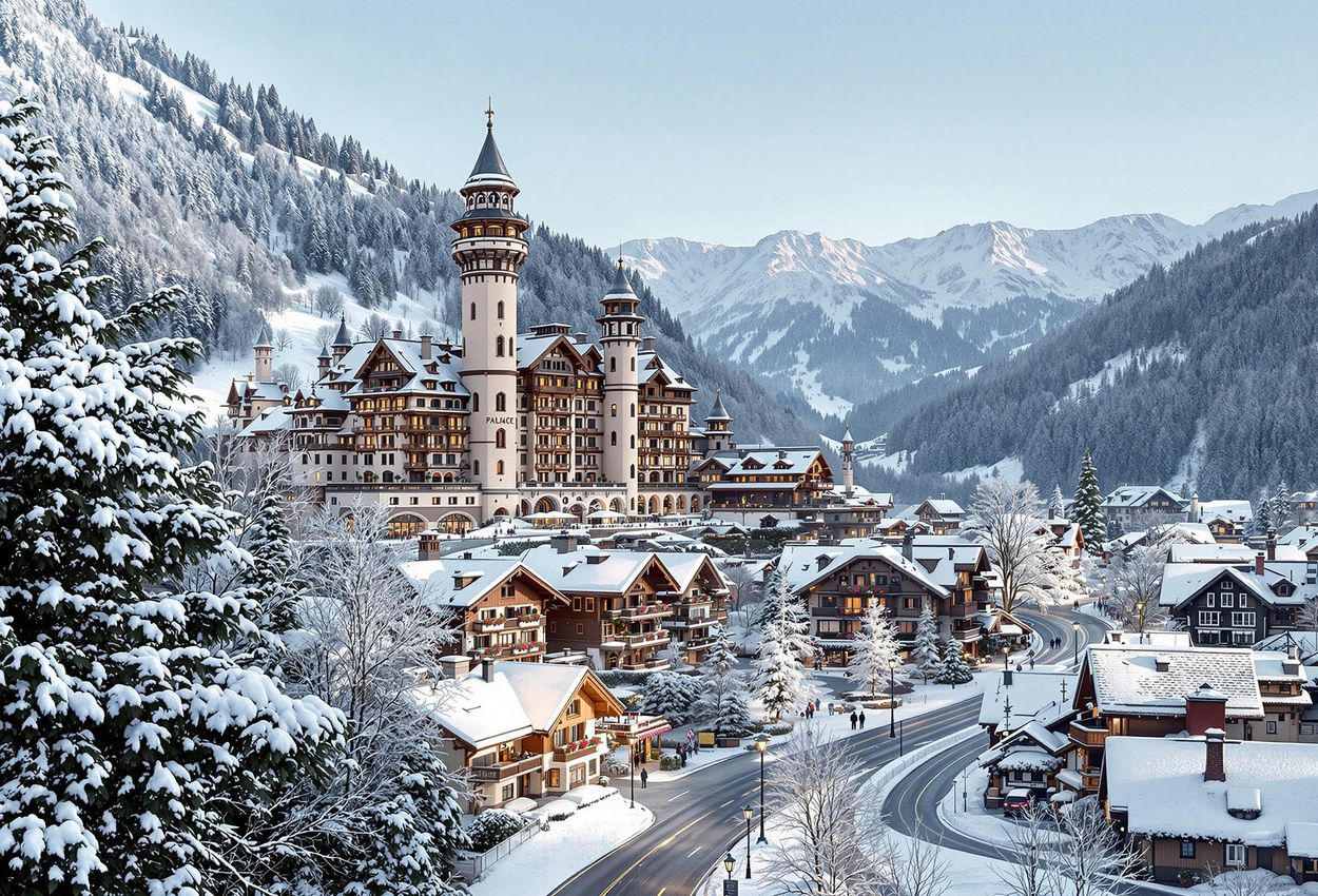 A stunning photograph of Gstaad, Switzerland, featuring the iconic Gstaad Palace hotel and the charming village in a winter setting. The image captures the sophisticated atmosphere and luxurious ambiance of this alpine destination.
