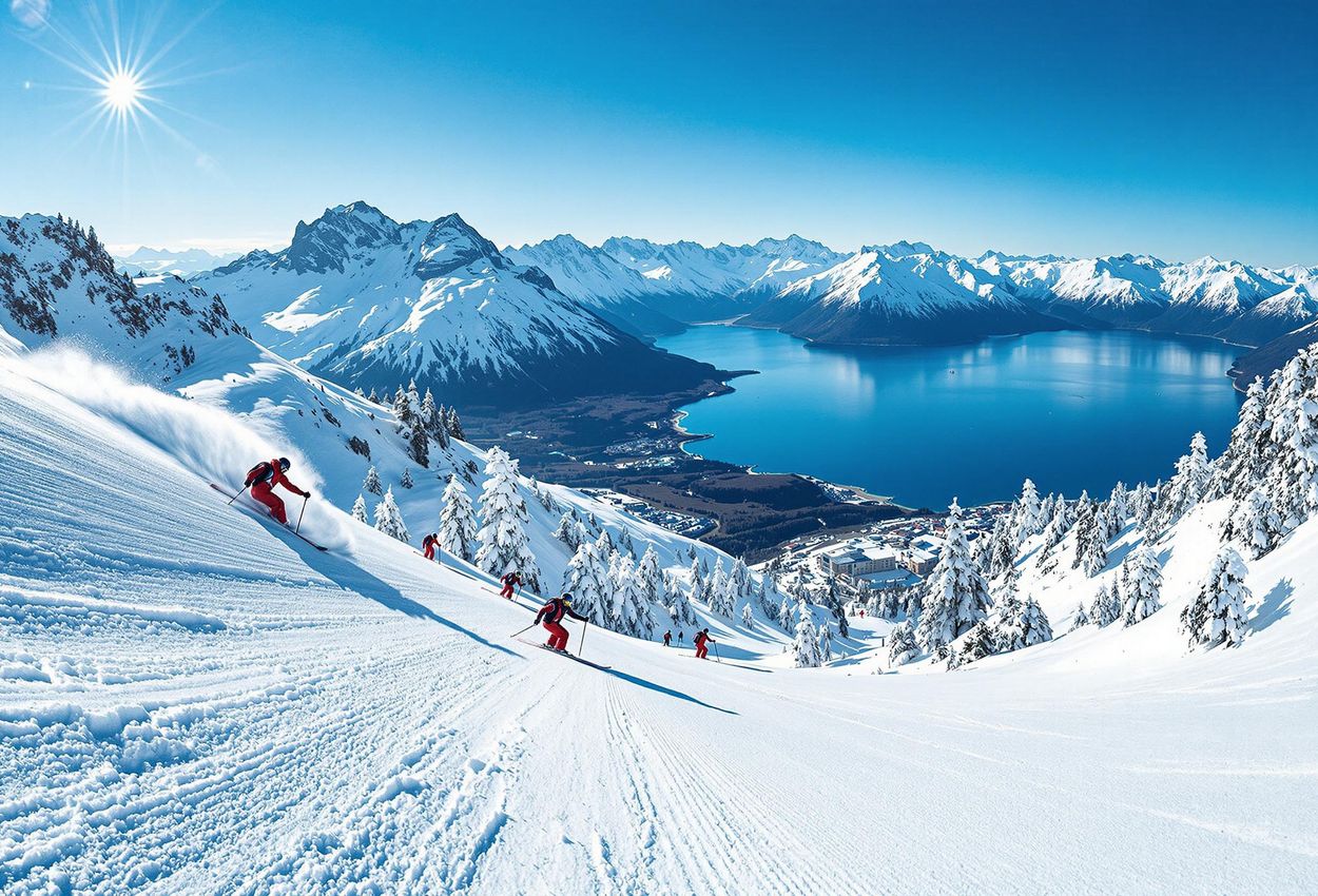 A stunning panoramic photograph of Cerro Catedral in Bariloche, Argentina, showcasing skiers and snowboarders enjoying the slopes with Lake Nahuel Huapi and the Andes Mountains in the background.