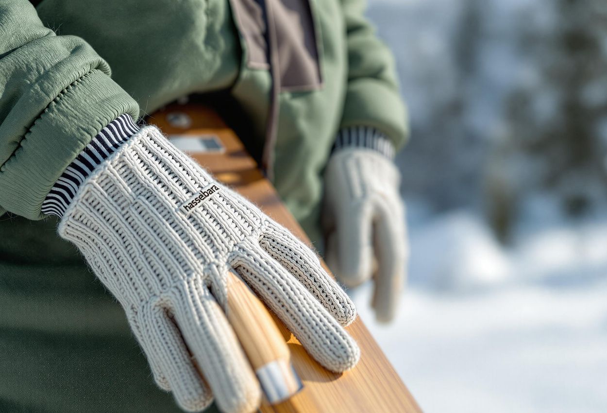 Eco-Friendly Ski Gear Close-Up: Sustainable Materials and Design A detailed close-up showcasing sustainable ski gear, including skis made from recycled wood and a jacket made from recycled fabrics. Merino wool gloves complete the eco-conscious set.