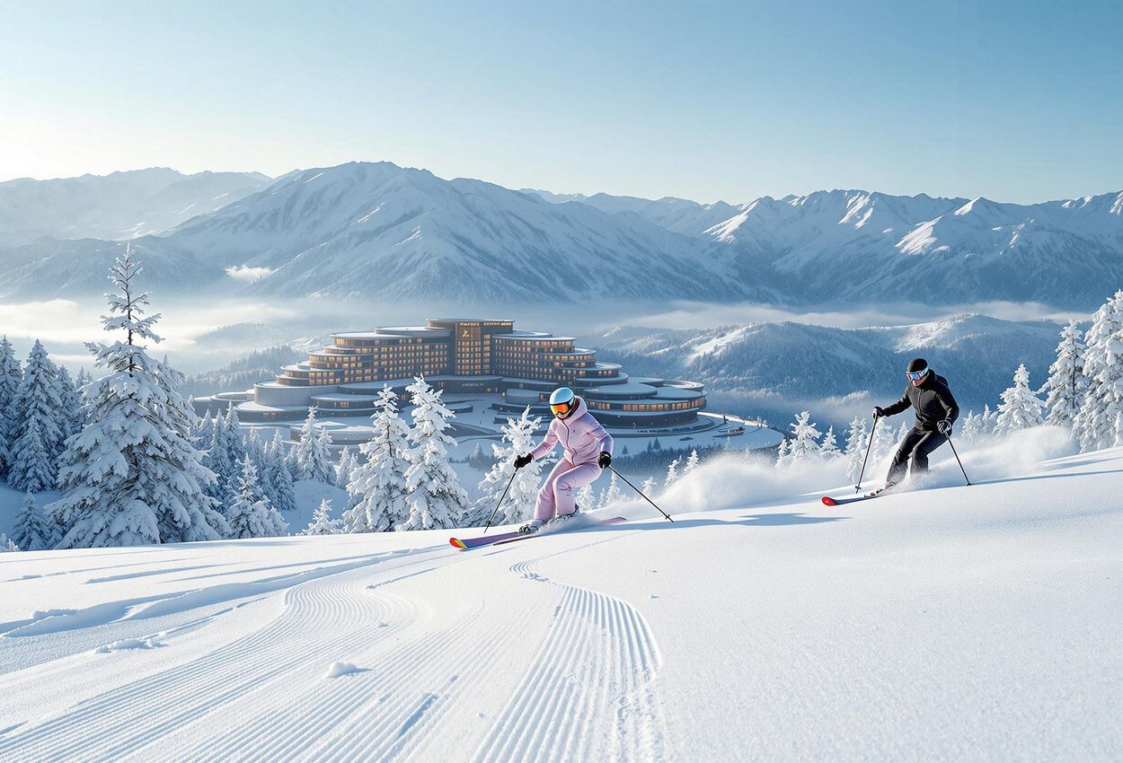 A stunning photograph capturing skiers enjoying the pristine slopes of Niseko, Japan, with the Park Hyatt Niseko Hanazono in the background. This image showcases the tranquility and natural beauty of Niseko