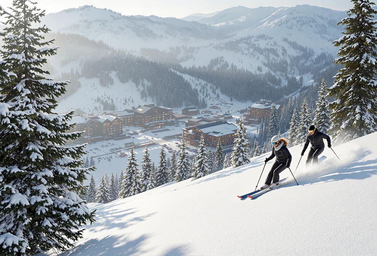 A photograph capturing skiers enjoying a late morning on the groomed slopes of Deer Valley, Utah, with luxury hotels in the background.