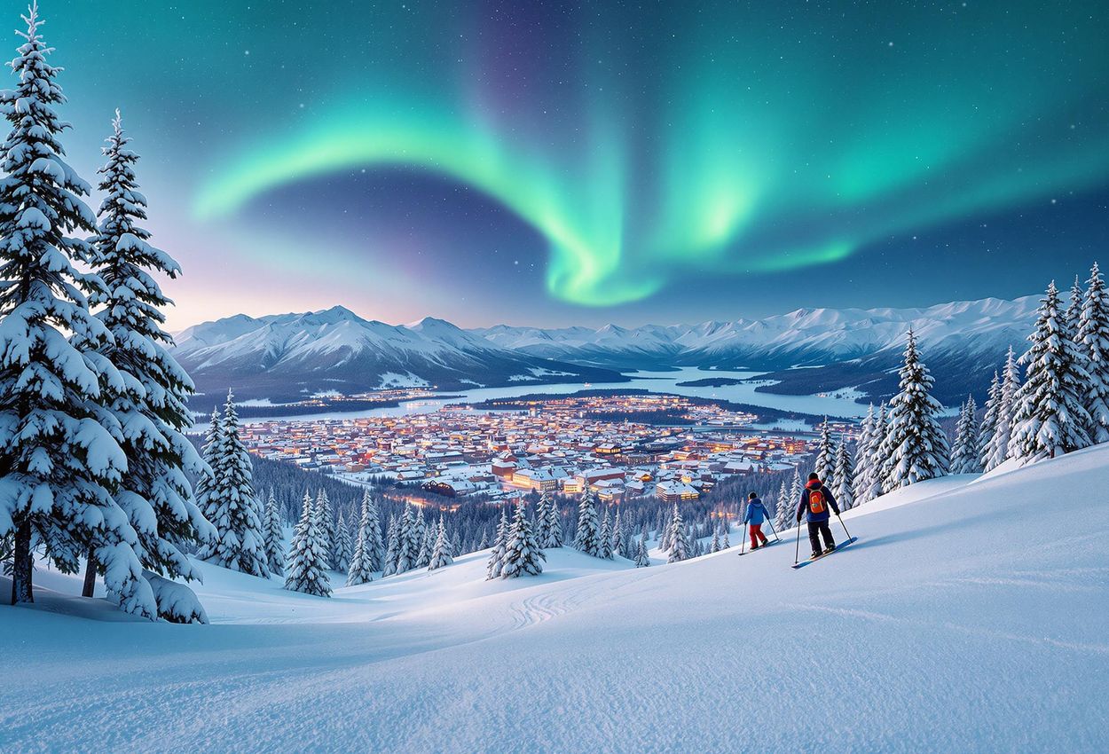A stunning winter photograph capturing skiers and snowboarders enjoying the slopes of Åre, Sweden, under the magical glow of the Northern Lights. The charming town of Åre provides a picturesque backdrop to this unforgettable Scandinavian scene.