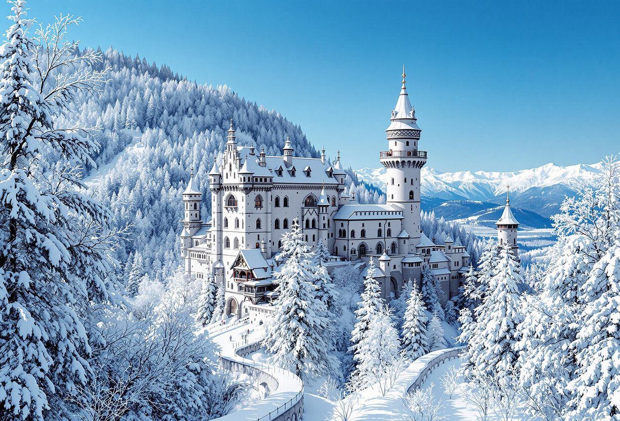 A winter view of Bran Castle in Transylvania, Romania, showcasing its snow-covered architecture against a clear blue sky and snow-laden forest.