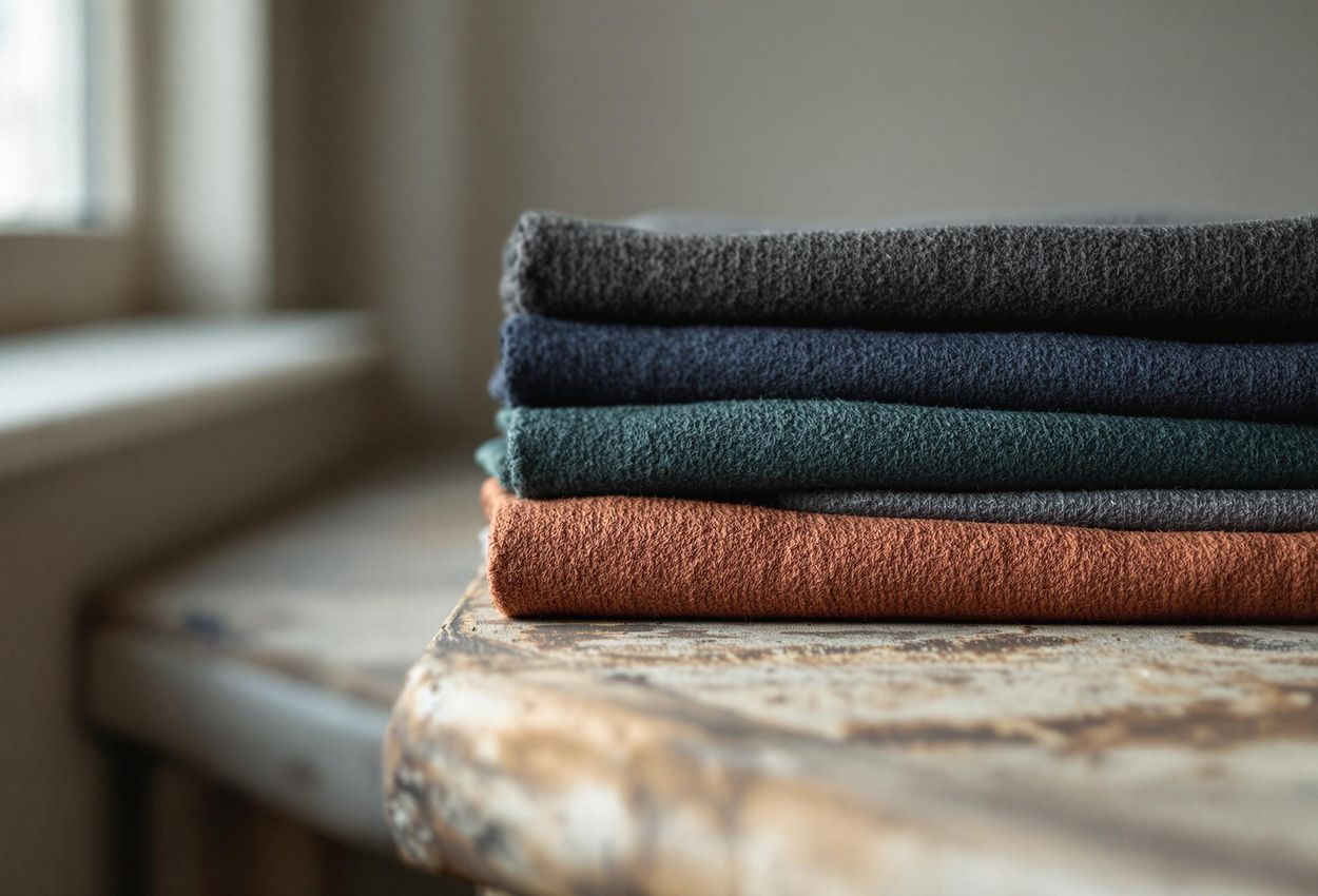 A detailed photograph showcasing various folded base layers, including merino wool and synthetic options, arranged on a wooden surface. The image highlights the textures and colors of the fabrics under soft, natural lighting.