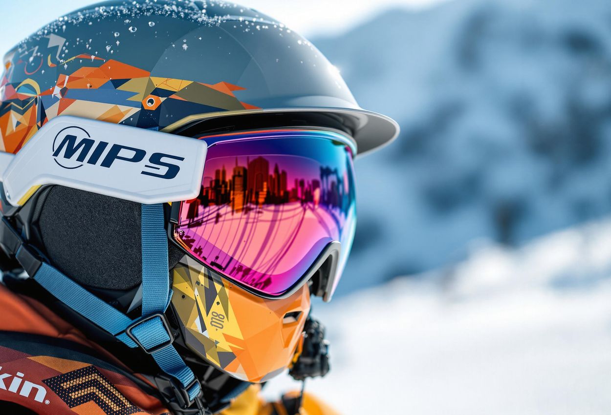 A detailed close-up photo of a modern ski helmet featuring MIPS technology, showcasing its advanced safety features and sleek design.