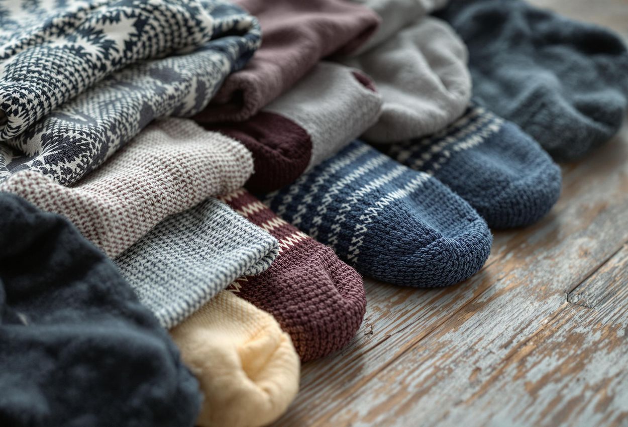 A detailed macro photograph showcasing a variety of high-quality ski socks arranged on a rustic wooden surface, emphasizing fabric textures and functional design.
