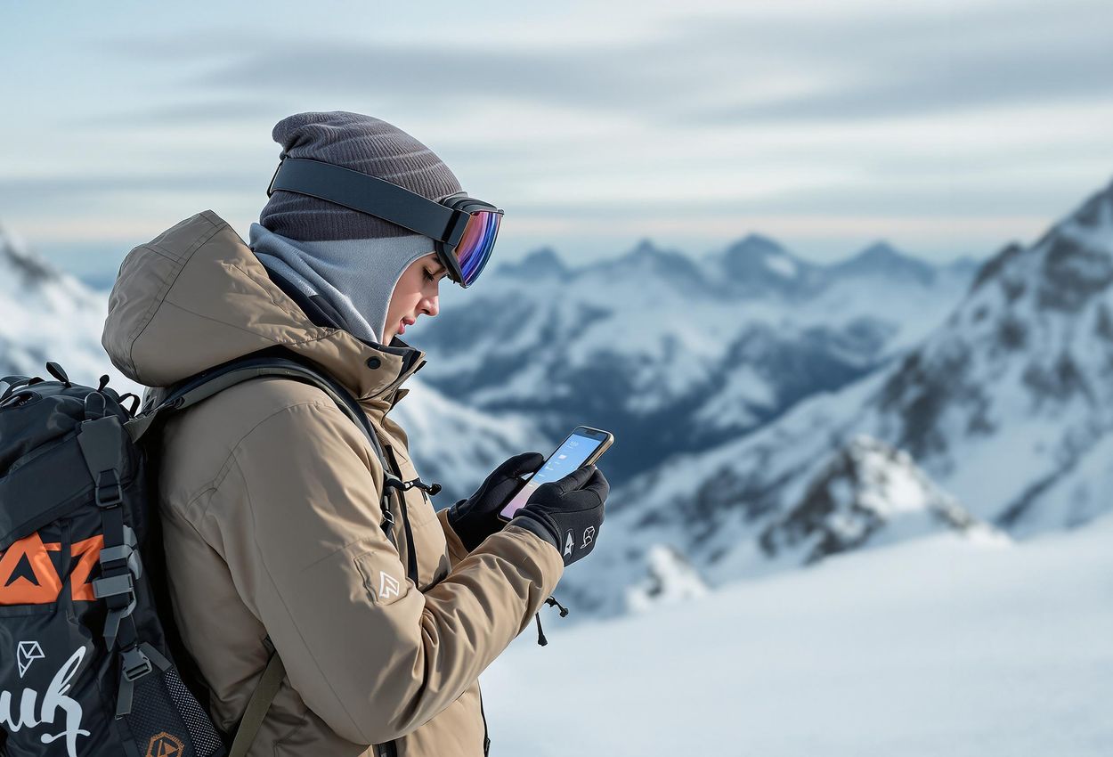 A skier pauses at the top of a majestic mountain to check the weather forecast on their smartphone, surrounded by breathtaking panoramic views.