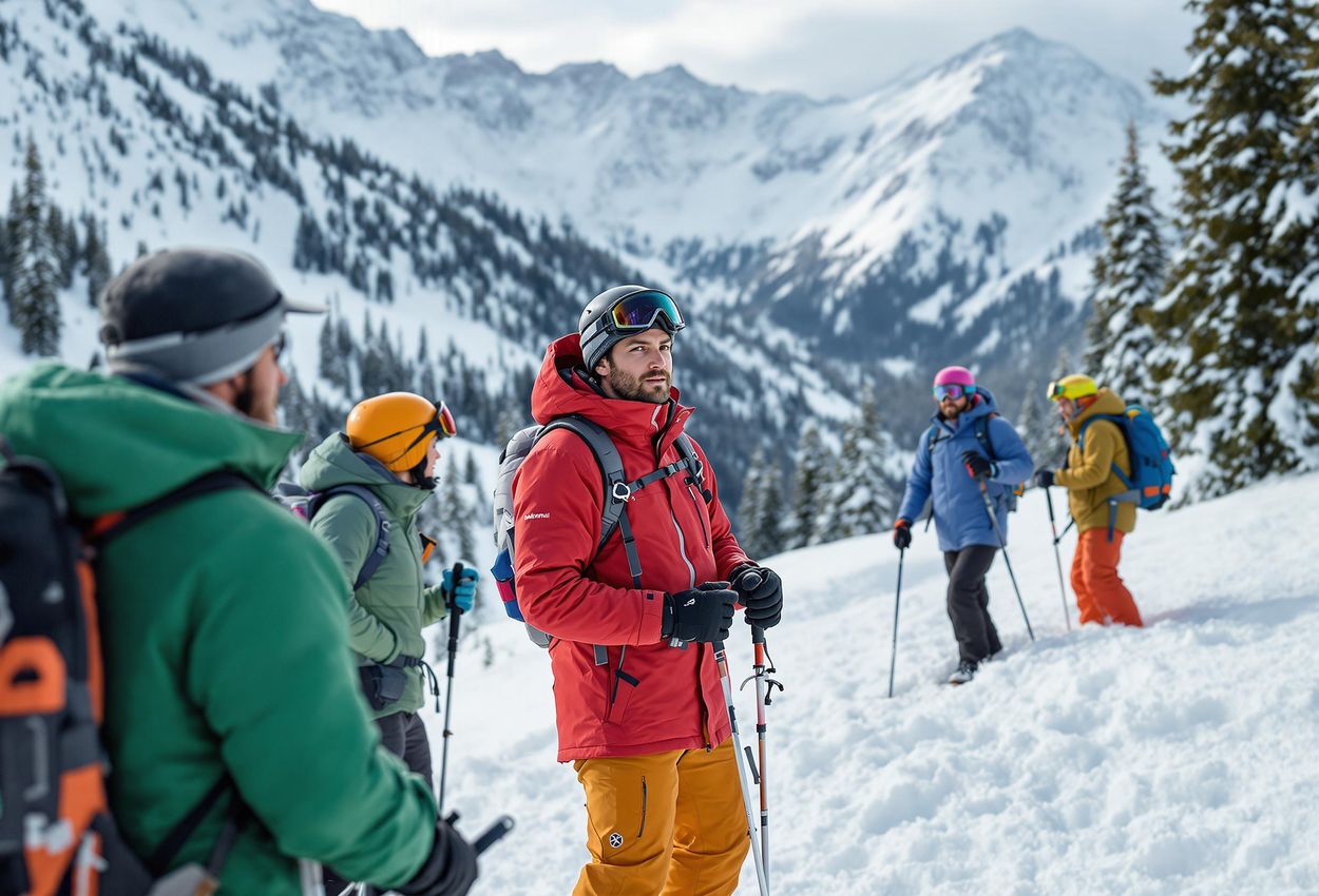 A group of skiers and snowboarders learns avalanche safety techniques in a stunning backcountry setting. High-quality photography showcasing the importance of winter safety.
