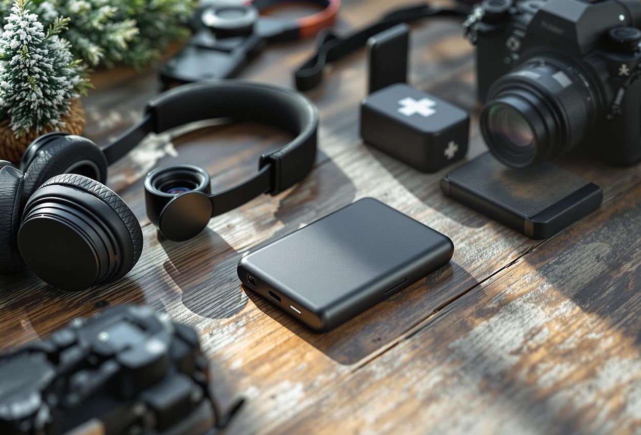 A close-up photograph showcases essential gadgets for a ski trip, including a portable charger, camera, headphones, and first-aid kit, neatly arranged on a wooden surface.