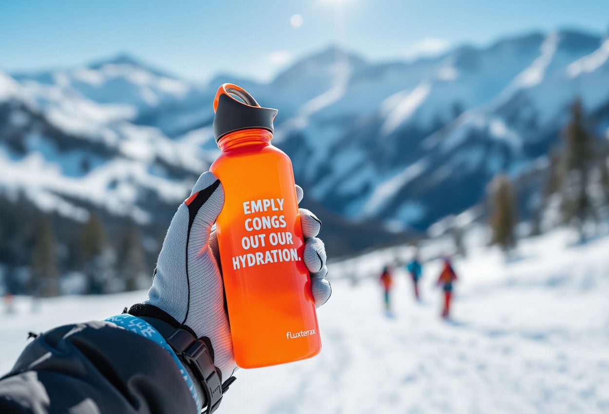 A close-up photograph captures a skier in Copper Mountain, Colorado, holding a reusable water bottle, emphasizing the importance of hydration during winter sports. The snowy mountain backdrop adds to the scene