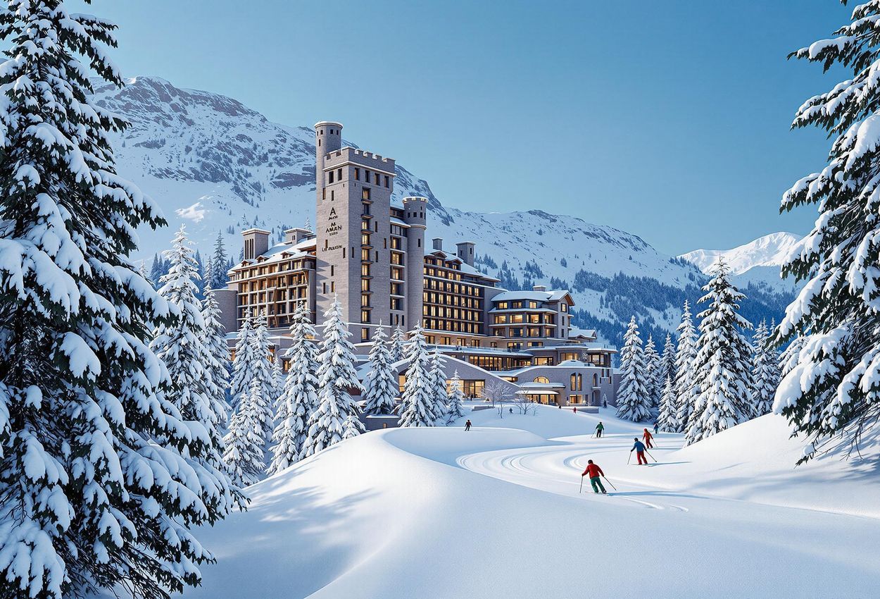 Exterior view of Aman Le Mélézin hotel nestled in the snow-covered French Alps. Skiers glide down the Bellecôte Piste in front of the elegantly lit, fortress-like structure.