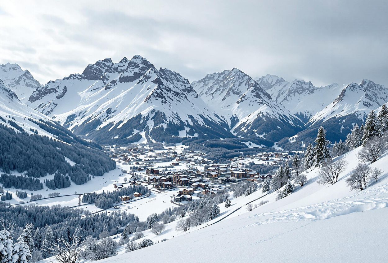 A panoramic photograph captures the serene beauty of a snow-covered mountain range with a ski resort nestled in the valley, illustrating the impact of climate change on the alpine landscape.