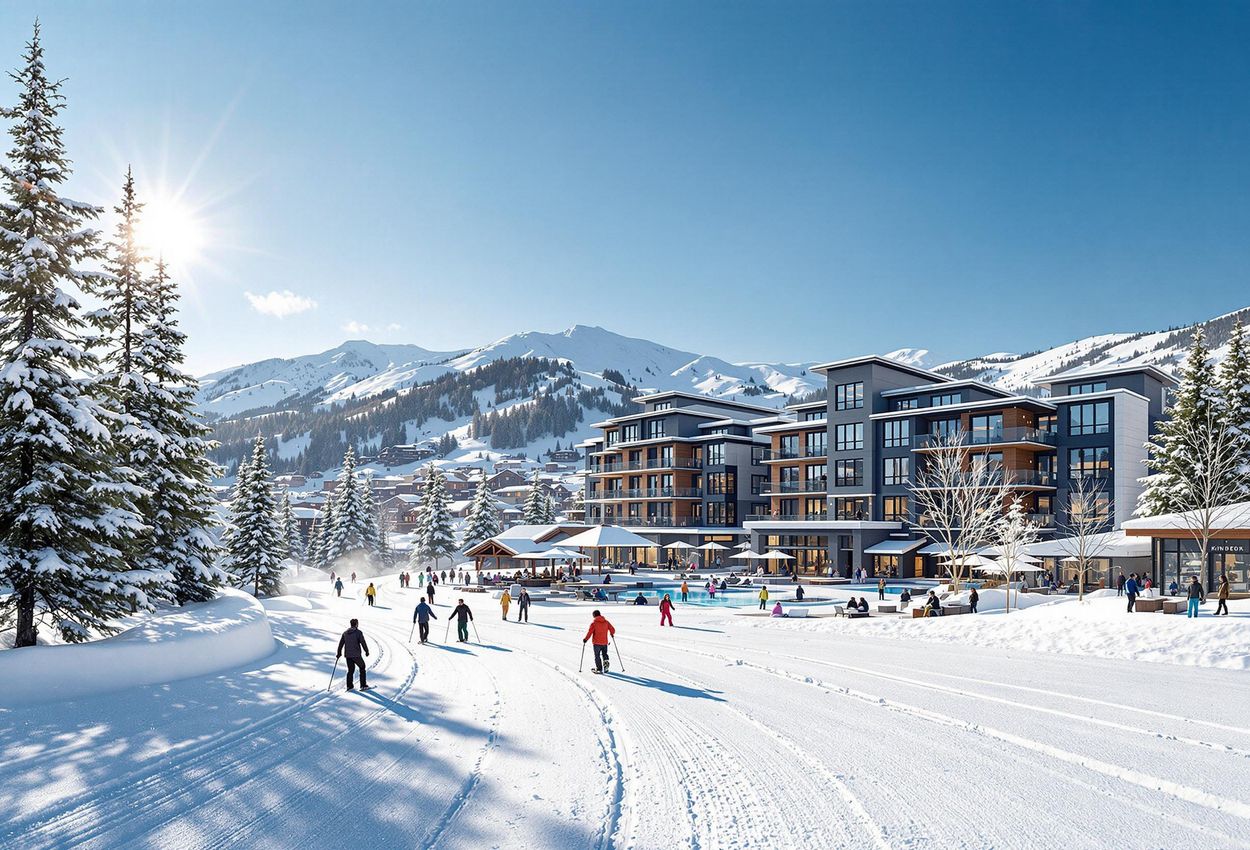 A wide shot captures Kindred Resort nestled at the base of Keystone Mountain on a sunny winter day. Skiers enjoy the slopes and resort amenities, showcasing a blend of modern architecture and mountain landscape.