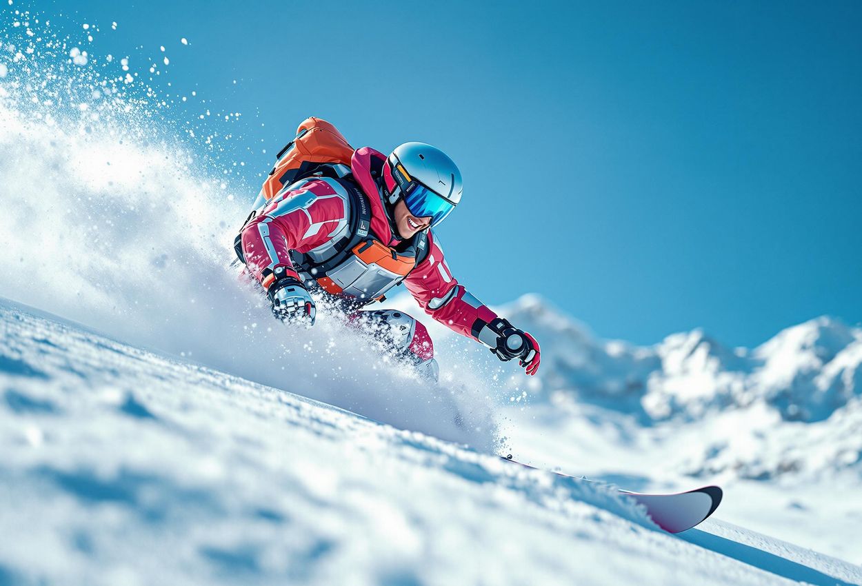 A close-up photograph of a skier wearing a brightly colored exoskeleton suit on a sunny, snow-covered slope in the Alps. The image showcases the accessibility and enjoyment of skiing with assistive technology.