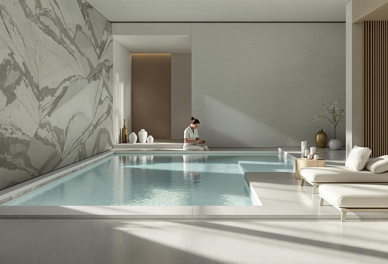 A serene photograph capturing the tranquil ambiance of the Aman Spa at Aman Le Mélézin, featuring a crystal-clear plunge pool, natural stone accents, and a spa therapist preparing for a treatment.