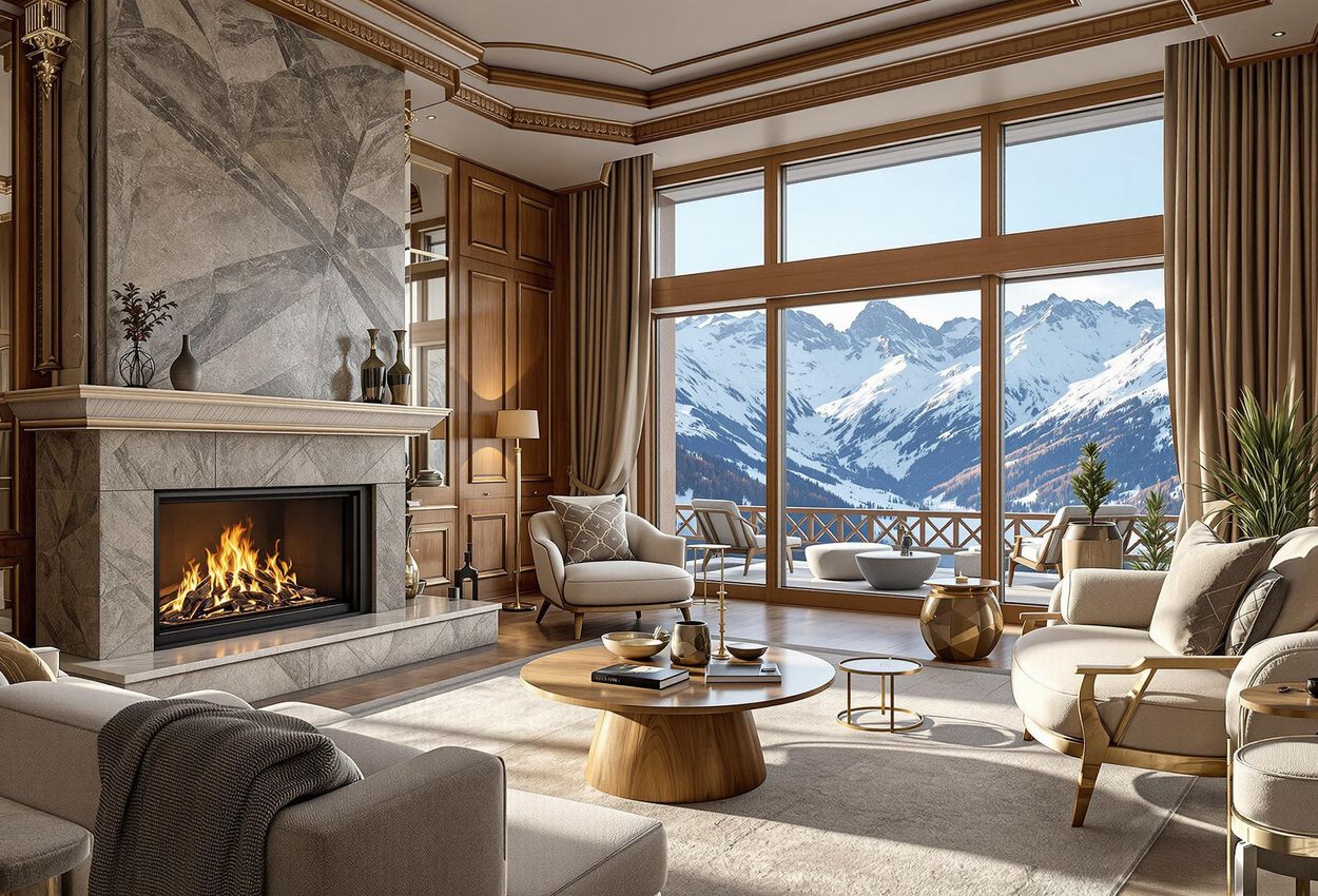A luxurious Tower Penthouse suite interior featuring a fireplace and a stunning view of the Swiss Alps in St. Moritz.