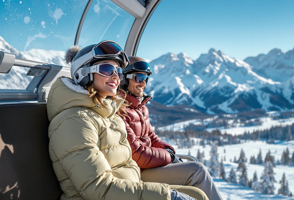 A close-up photograph of the Super Angel Luxury Express chairlift at Sunshine Village, showcasing its heated seats and bubble shield, with skiers enjoying the stunning mountain scenery.
