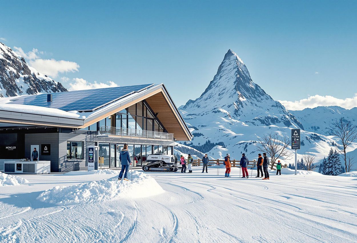 A photograph of Zermatt ski resort in Switzerland showcasing sustainable practices, including solar panels, electric snow groomers, and recycling stations, set against the backdrop of the Matterhorn.