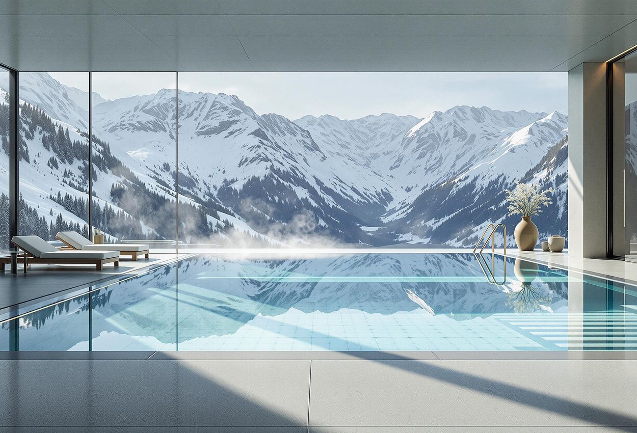 A stunning photograph of the Palace Wellness spa in Gstaad, Switzerland, featuring an infinity pool that seamlessly blends with the breathtaking view of the snow-capped Swiss Alps.