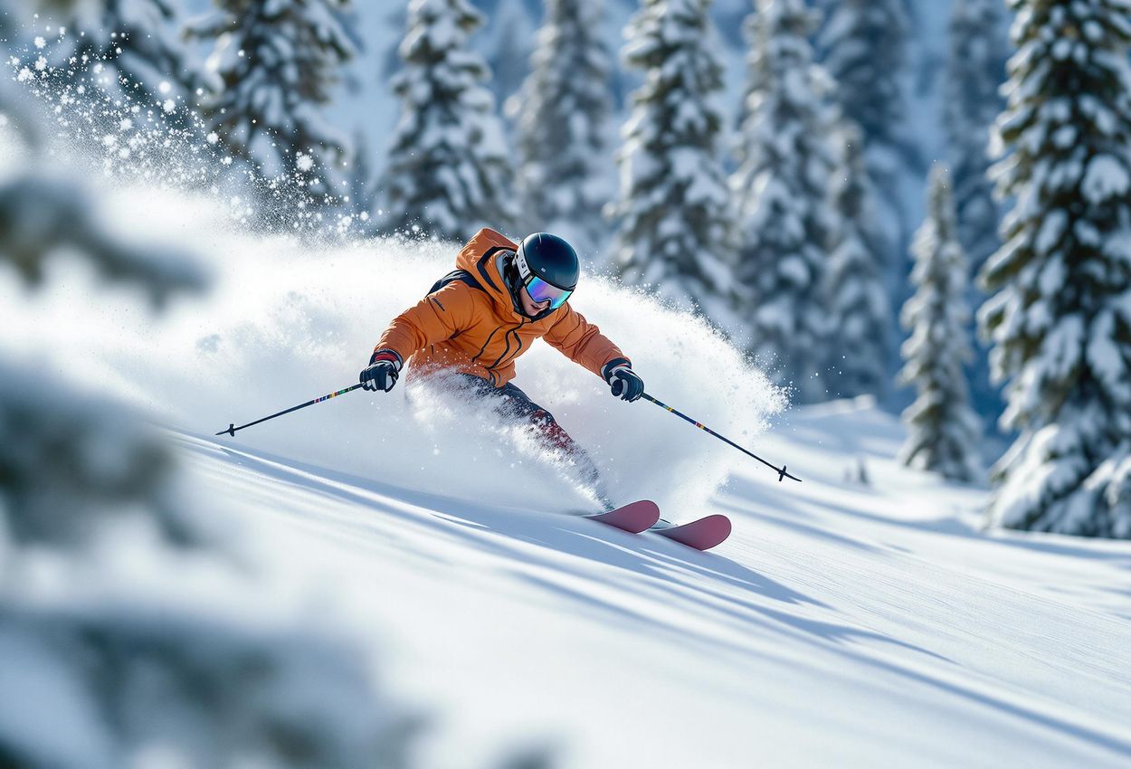 Skier Carving Down Aspen Mountain Slope A professional photograph captures a skier making a controlled turn on a groomed slope on Aspen Mountain. The image showcases the skill of the skier and the beauty of the mountain landscape.