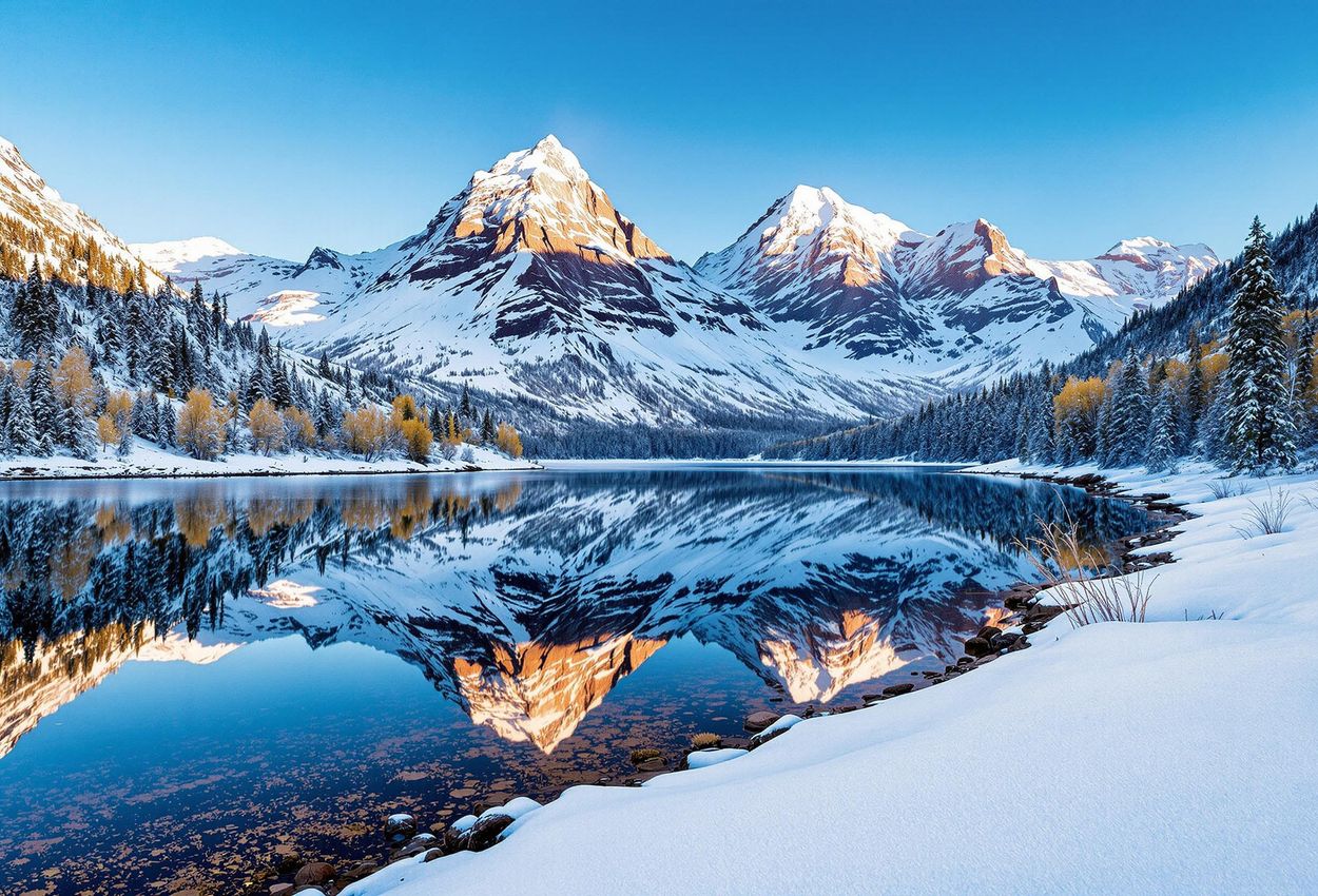Maroon Bells Winter Wonderland: A Pristine Reflection in Aspen A stunning photograph of the Maroon Bells in Aspen, Colorado, during winter. The snow-dusted peaks are perfectly reflected in the calm waters of Maroon Lake, creating a breathtaking symmetrical landscape.