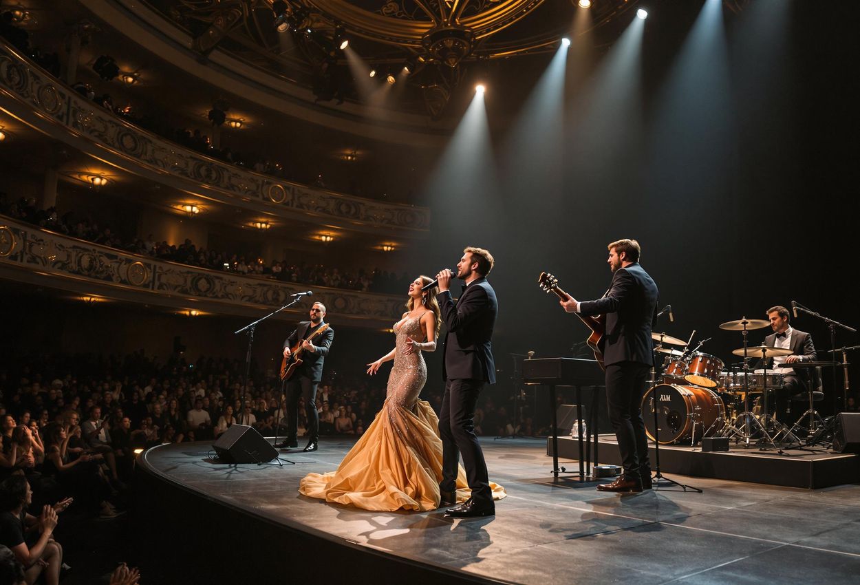 Live Concert at Wheeler Opera House, Aspen - Captivating Performance A photograph capturing a live concert at the Wheeler Opera House in Aspen, Colorado. The stage is set for a captivating performance, with dramatic lighting and an enthralled audience.