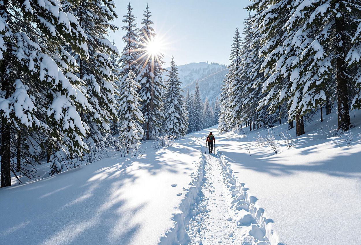 A landscape photograph capturing a serene snowshoeing trail near Fallen Leaf Lake, California. A lone snowshoer explores a path lined with snow-covered pine trees under a bright winter sun.