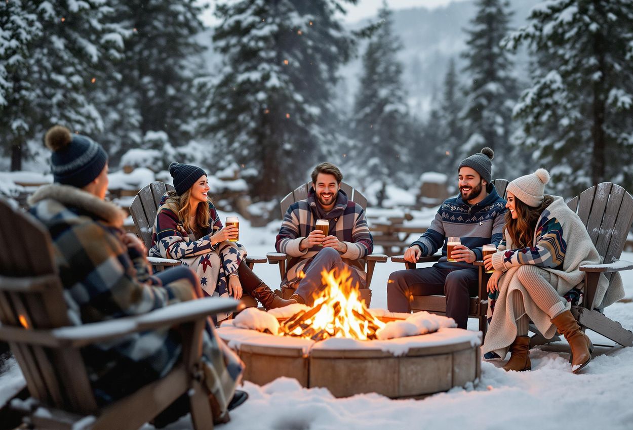 A photograph capturing a warm and inviting après-ski scene around a fire pit in South Lake Tahoe, with people enjoying craft beers and the cozy atmosphere of a snowy evening.