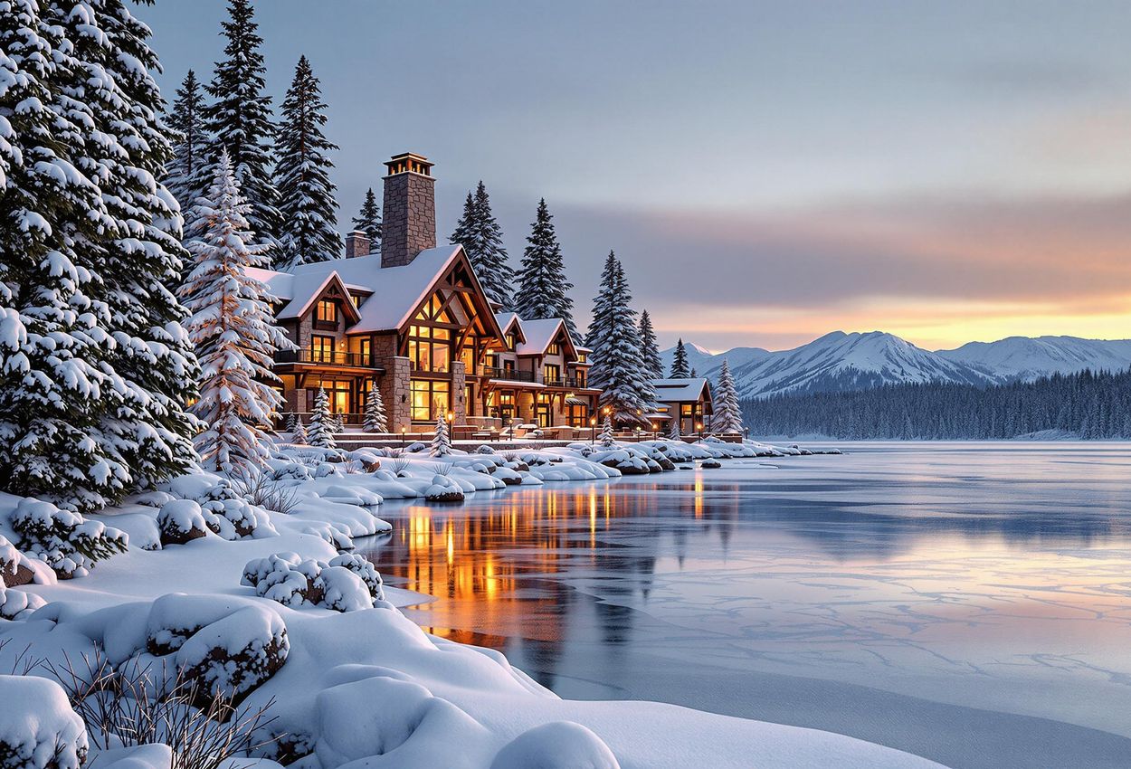 A serene winter landscape featuring The Landing Resort & Spa on the shores of partially frozen Lake Tahoe, surrounded by snow-covered trees and bathed in the warm light of the golden hour.