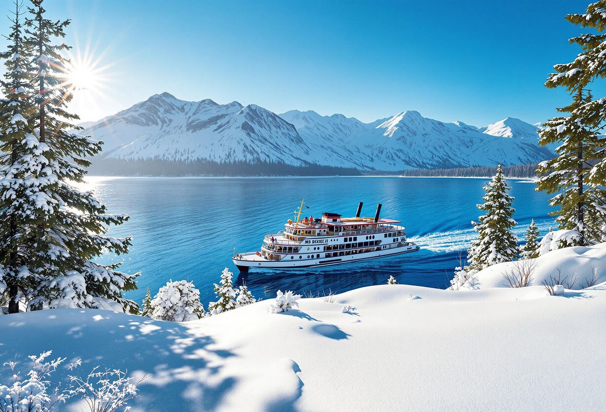 A scenic photograph of the MS Dixie II paddlewheeler cruising on the crystal-clear waters of Lake Tahoe in winter, surrounded by snow-capped mountains under a brilliant blue sky.