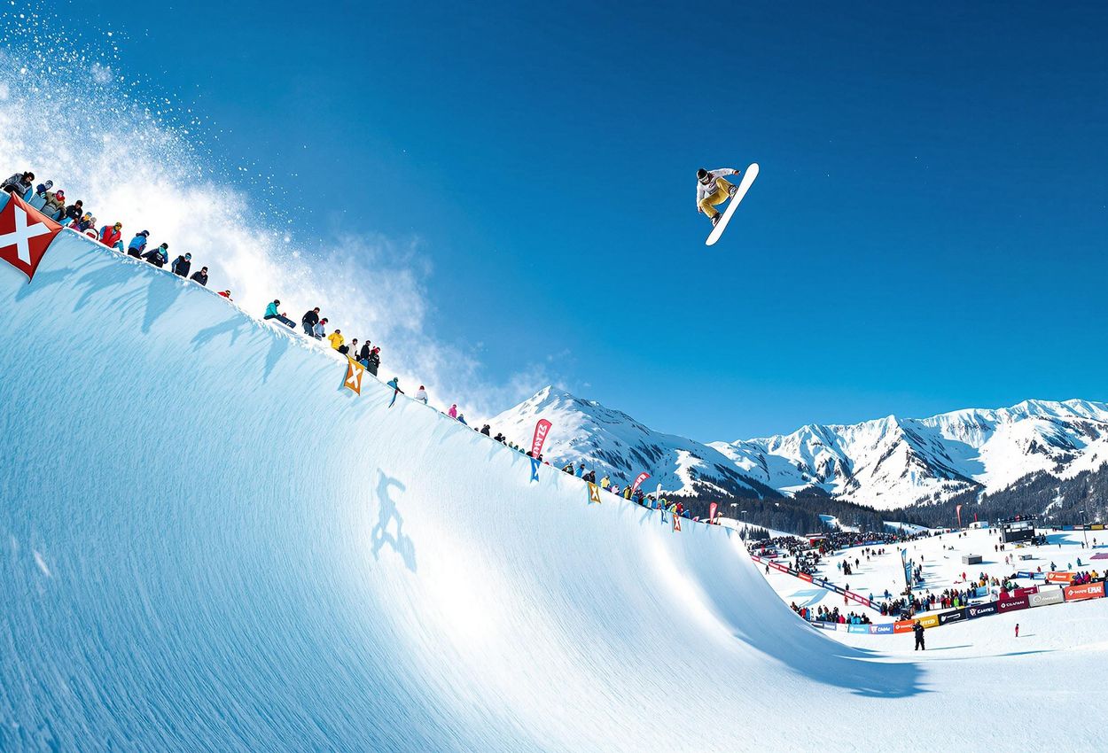 X Games Aspen 2025: Snowboarder Soaring Above SuperPipe A dramatic photograph capturing a snowboarder performing a complex aerial maneuver during the X Games Aspen 2025 SuperPipe competition at Buttermilk Mountain.